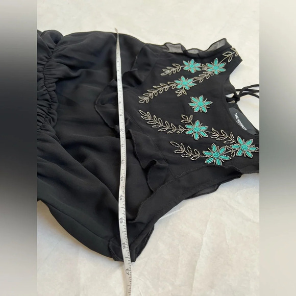 $350 The Kooples Black Ruffle Flowy Turquoise Beaded Hi Low Dress Sz 1 Small - Picture 8 of 10